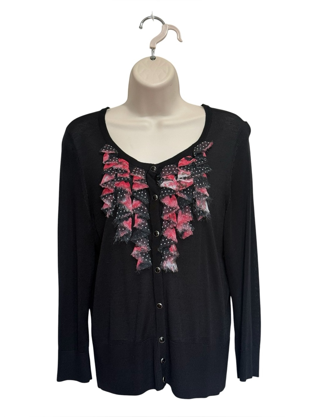 White House Black Market Polka Dot Ruffle Snap Front Cardigan Sweater Black L